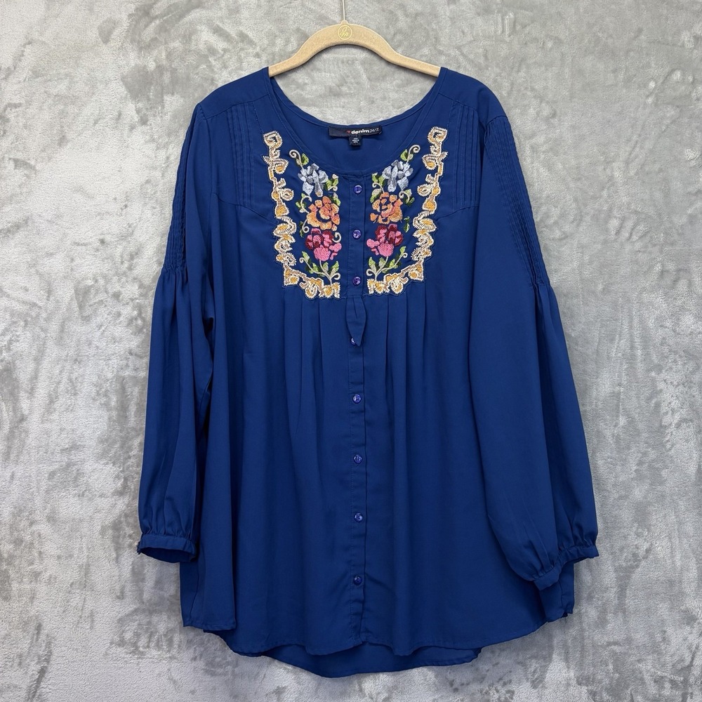 Denim 24/7 Women's Blouse‎ Embroidered Floral 24w Blue Cottage Boho Puff Sleeve